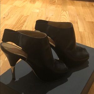 Michael Koras black leather open toed booties